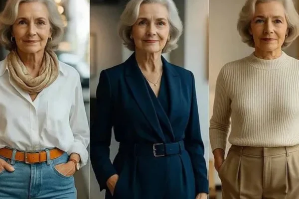 Stylish older woman wearing a timeless outfit—white blouse, tailored pants, and elegant accessories representing fashion for women over 60.