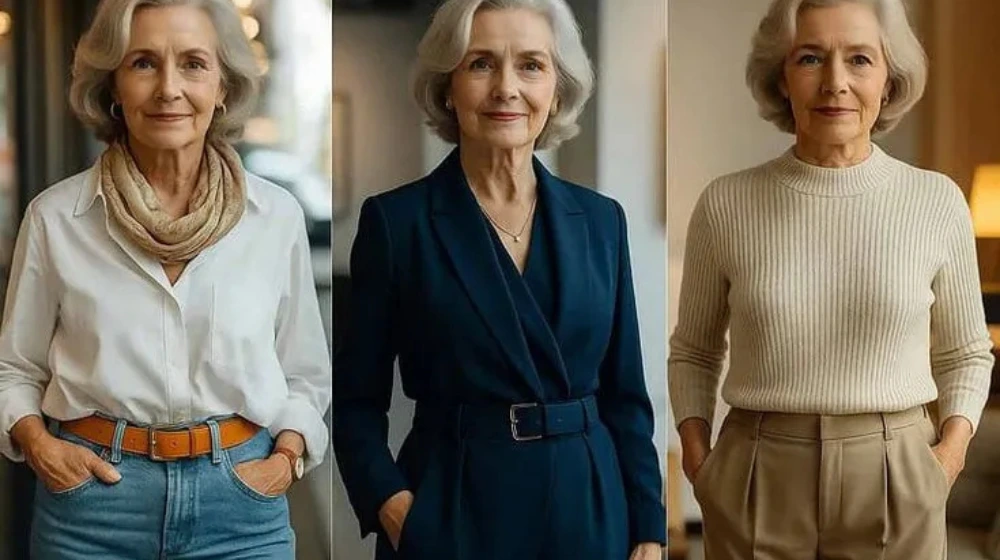 Stylish older woman wearing a timeless outfit—white blouse, tailored pants, and elegant accessories representing fashion for women over 60.