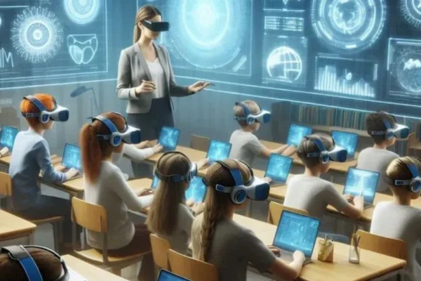 A diverse group of students using laptops and tablets to attend virtual classes, symbolizing recent Online Education Advancements in digital learning platforms.