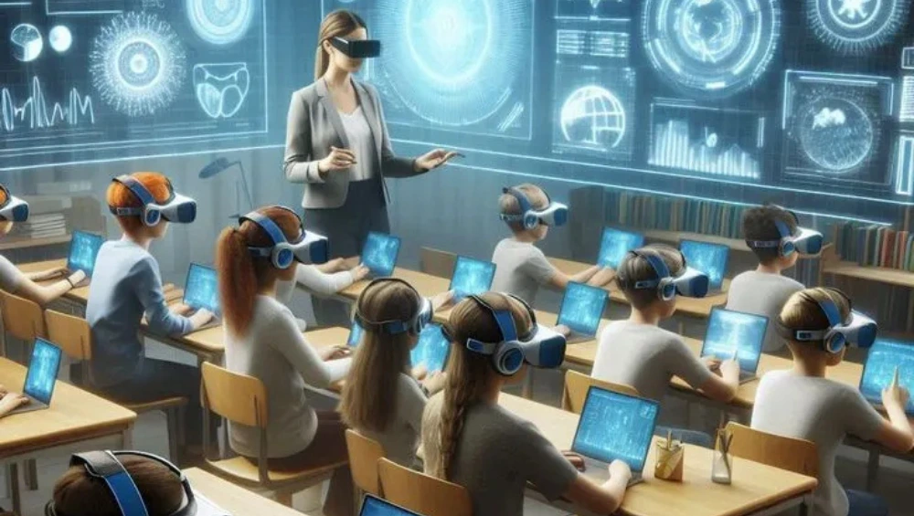 A diverse group of students using laptops and tablets to attend virtual classes, symbolizing recent Online Education Advancements in digital learning platforms.