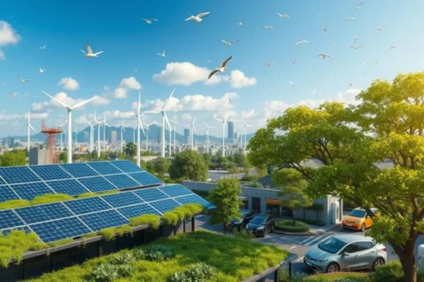 A circular diagram illustrating key elements of sustainable business models, including renewable energy, ethical sourcing, waste reduction, and social responsibility.