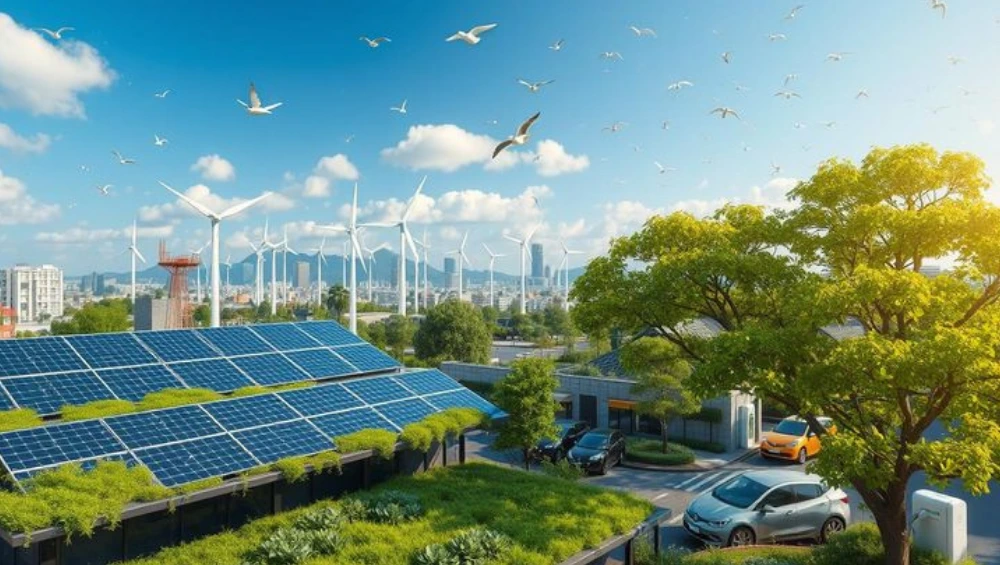 A circular diagram illustrating key elements of sustainable business models, including renewable energy, ethical sourcing, waste reduction, and social responsibility.