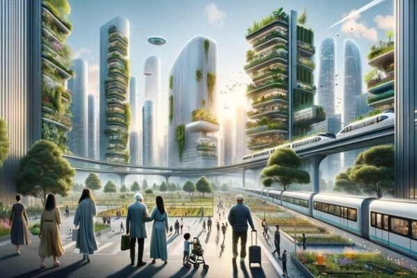 Futuristic cityscape with smart infrastructure, autonomous vehicles, green buildings, and connected technology representing the smart cities of tomorrow.