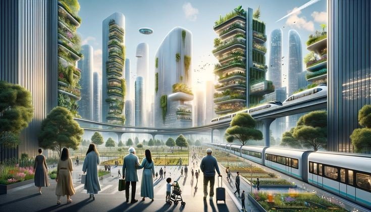 Futuristic cityscape with smart infrastructure, autonomous vehicles, green buildings, and connected technology representing the smart cities of tomorrow.