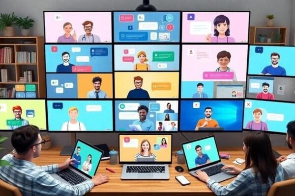 A manager on a video call with team members from different locations, collaborating on a shared screen—visualizing effective Remote Team Management Hacks in action.