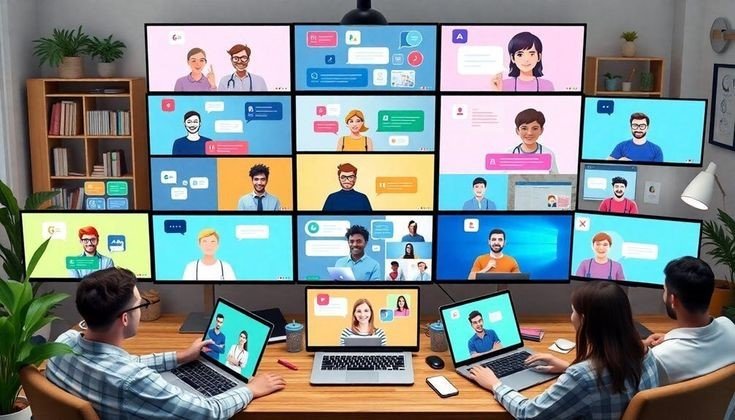 A manager on a video call with team members from different locations, collaborating on a shared screen—visualizing effective Remote Team Management Hacks in action.