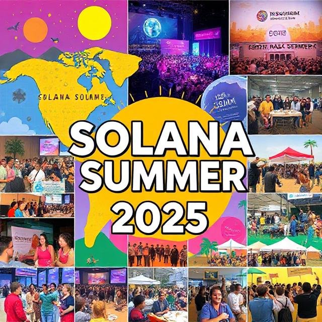 Vibrant collage showing Solana Summer 2025 global events and community meetups featured in crypto news archives Solana-summer coverage, with blockchain developers and enthusiasts celebrating worldwide.