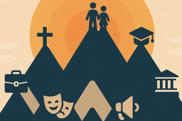 A conceptual illustration of the 7 Mountains of Influence representing areas of culture such as religion, family, education, government, media, arts, and business.