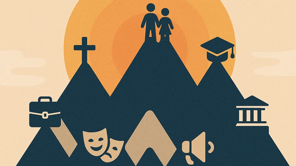 A conceptual illustration of the 7 Mountains of Influence representing areas of culture such as religion, family, education, government, media, arts, and business.