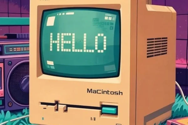 A nostalgic collection of 90s technology including a floppy disk, Game Boy, cassette player, and dial-up computer setup