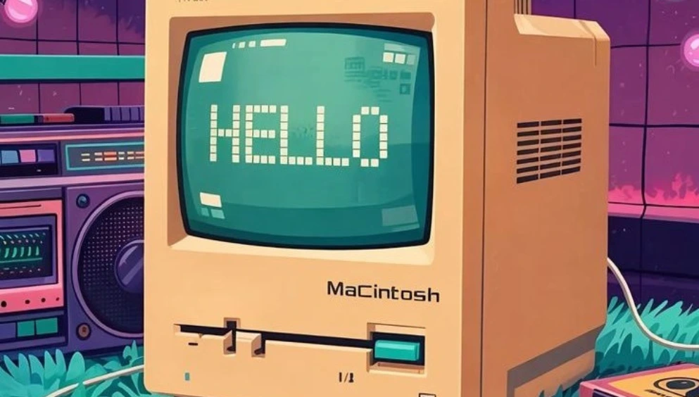 A nostalgic collection of 90s technology including a floppy disk, Game Boy, cassette player, and dial-up computer setup
