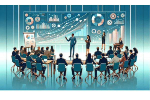 Illustration of professionals in various business roles representing top business management degree jobs, including project manager, marketing manager, and HR specialist.