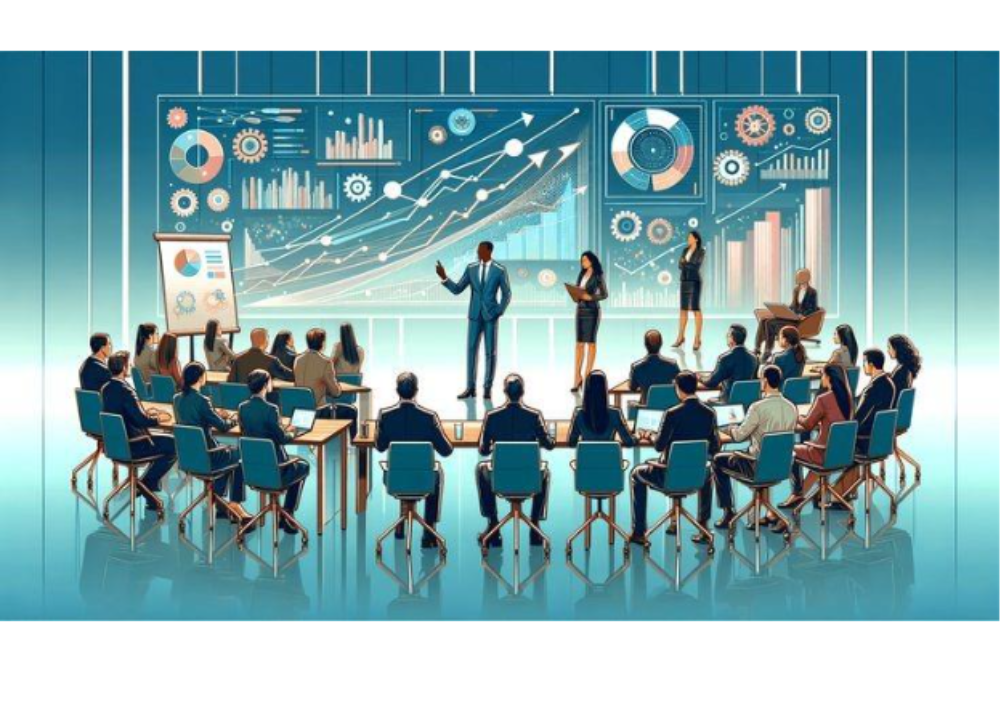 Illustration of professionals in various business roles representing top business management degree jobs, including project manager, marketing manager, and HR specialist.