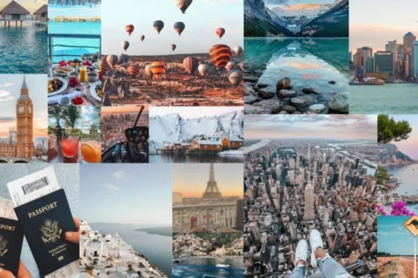 Scenic collage of budget-friendly travel destinations in 2025, including beaches, mountains, and cultural landmarks in the cheapest countries to travel to