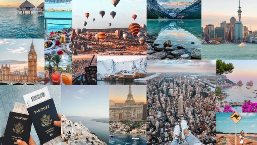 Scenic collage of budget-friendly travel destinations in 2025, including beaches, mountains, and cultural landmarks in the cheapest countries to travel to