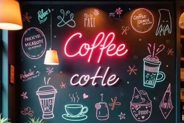 A coffee shop sign with a unique, catchy name above a cozy storefront, representing the impact of a well-chosen Coffee Shop Business Name.