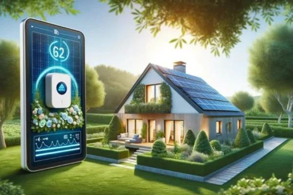 A modern eco-home with solar panels, wind turbines, and green spaces showcasing eco-friendly technologies for sustainable living.