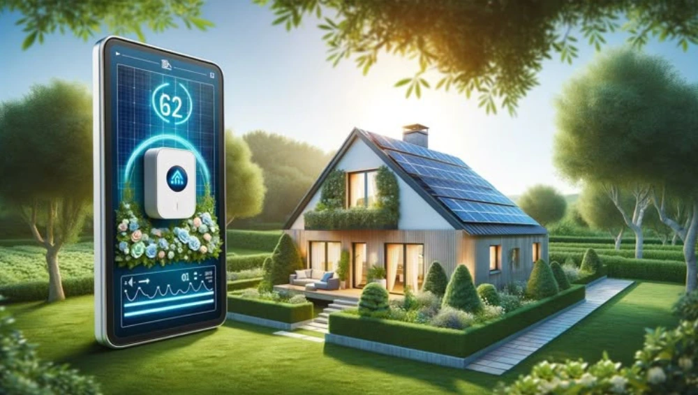A modern eco-home with solar panels, wind turbines, and green spaces showcasing eco-friendly technologies for sustainable living.