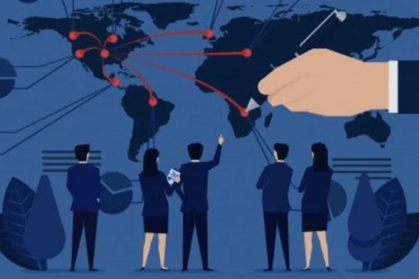 A global business team reviewing environmental compliance documents with a digital world map in the background, illustrating How Do International Environmental Laws Impact Businesses.