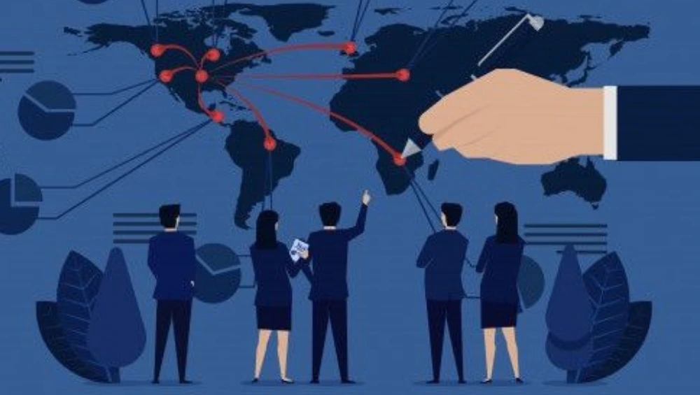 A global business team reviewing environmental compliance documents with a digital world map in the background, illustrating How Do International Environmental Laws Impact Businesses.