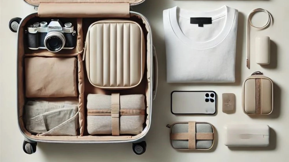 Flat lay of must-have travel items for an international trip, including passport, luggage, travel-sized toiletries, and a guidebook, representing an international travel checklist.