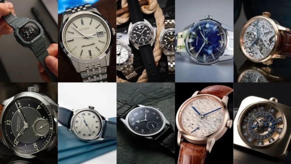 A collection of elegant Japanese watch brands like Seiko, Citizen, and Casio displayed on a wooden surface.