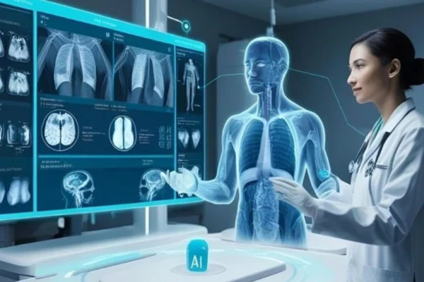 Healthcare professionals analyzing patient data on digital screens, representing how New Century Health supports value-based care transformation.