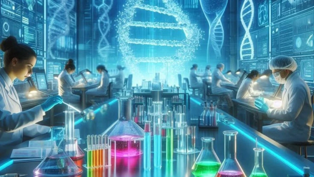 High-tech Swiss laboratory showcasing engineers working with robotics, AI systems, and precision instruments—representing the excellence of Swiss Technology in 2025.