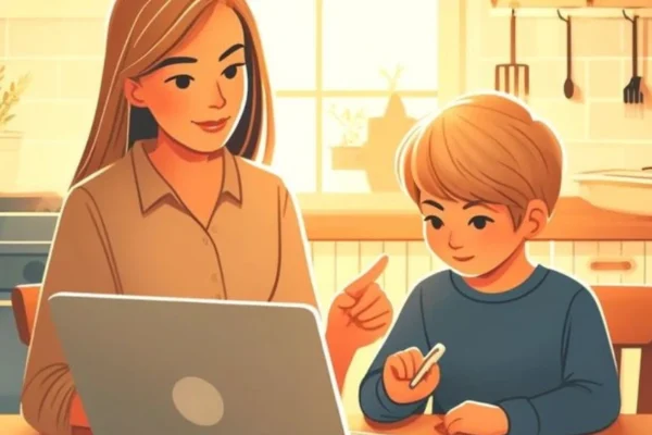 A child using a tablet under parental supervision, symbolizing efforts to ensure technology is safe for kids in a digital environment.
