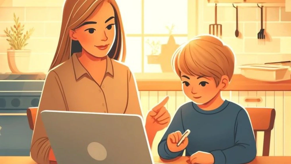 A child using a tablet under parental supervision, symbolizing efforts to ensure technology is safe for kids in a digital environment.