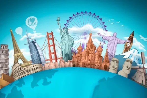 Collage of iconic global destinations including the Eiffel Tower, Great Wall of China, and Machu Picchu representing a dream-worthy travel bucket list.