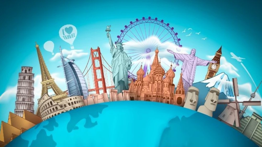 Collage of iconic global destinations including the Eiffel Tower, Great Wall of China, and Machu Picchu representing a dream-worthy travel bucket list.