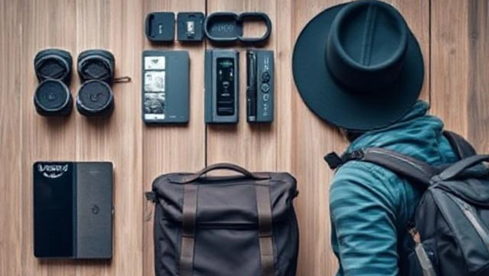 Flat lay of travel gear including a backpack, boots, tech gadgets, and grooming items the top travel essentials for men.
