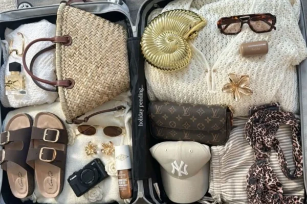 Flat lay of organized suitcase with stylish clothing, skincare, tech gadgets, and travel accessories tailored for women perfect visual for travel essentials for women.