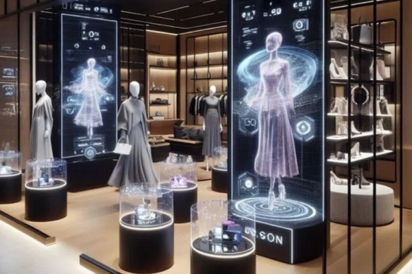 Modern Trend Mall interior in the U.S. featuring high-end retail stores, digital kiosks, interactive displays, and shoppers enjoying a tech-enhanced experience.