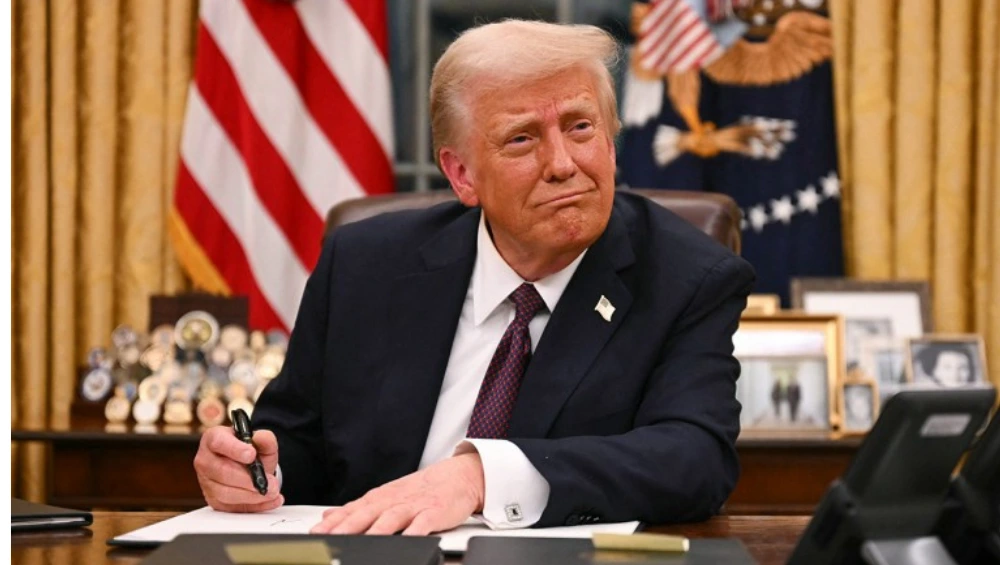 Former President Donald Trump at a press conference, with digital currency icons and blockchain graphics in the background—symbolizing Trump's Executive Order on Crypto.