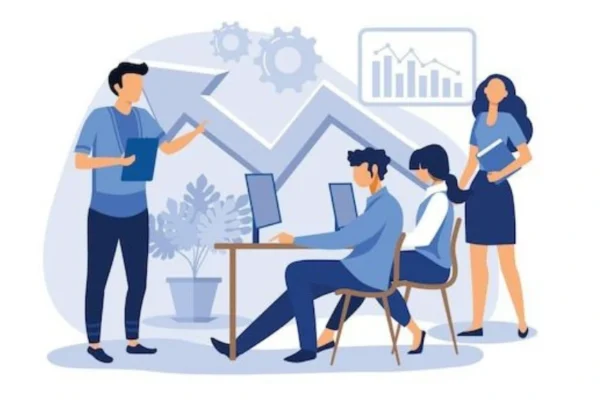 A frustrated office worker surrounded by speech bubbles filled with common business jargon terms, illustrating the confusion caused by excessive workplace buzzwords.