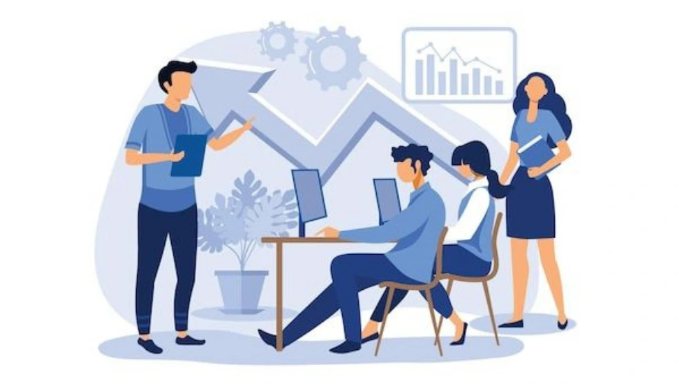 A frustrated office worker surrounded by speech bubbles filled with common business jargon terms, illustrating the confusion caused by excessive workplace buzzwords.