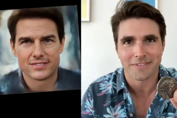 A digitally manipulated image showing a celebrity’s face blended with artificial intelligence graphics, illustrating the concept of celebrity deepfakes and their impact on privacy.