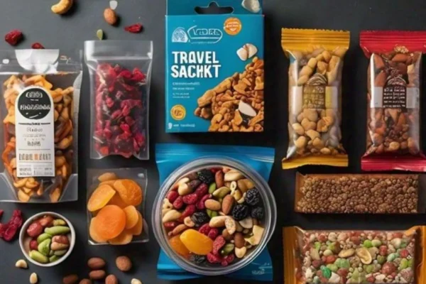 Assorted healthy travel snacks like nuts, protein bars, dried fruit, and whole-grain crackers neatly packed in reusable containers—ideal for on-the-go eating without refrigeration.
