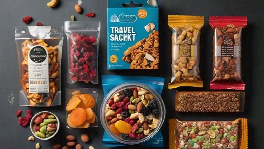 Assorted healthy travel snacks like nuts, protein bars, dried fruit, and whole-grain crackers neatly packed in reusable containers—ideal for on-the-go eating without refrigeration.