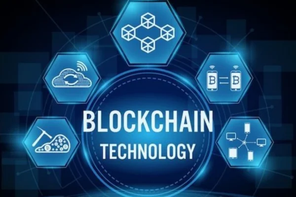 A digital illustration of blockchain technology showing interconnected blocks forming a secure block chain network.
