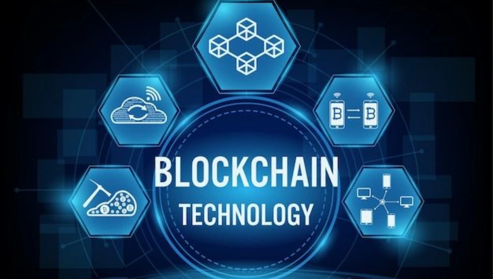 A digital illustration of blockchain technology showing interconnected blocks forming a secure block chain network.