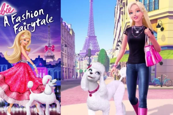 "Barbie in a sparkling pink dress surrounded by magical fashion fairies in a scene from A Barbie Fashion Fairytale"