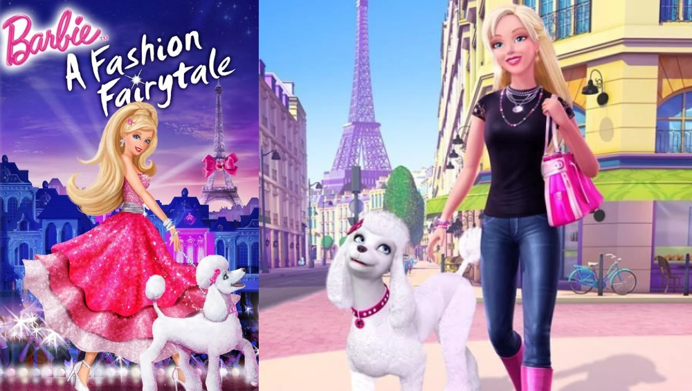 "Barbie in a sparkling pink dress surrounded by magical fashion fairies in a scene from A Barbie Fashion Fairytale"