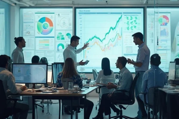 A digital dashboard displaying analytics charts, graphs, and data visualizations representing growth trends in the business intelligence market , bi industry , bi market