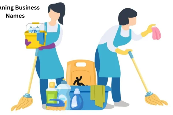 A collage of innovative cleaning business names like "Sparkle Squad," "Dust Busters," and "EcoClean Pros" displayed on a chalkboard.