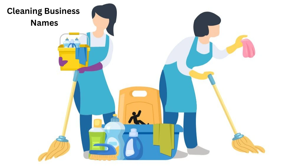 A collage of innovative cleaning business names like "Sparkle Squad," "Dust Busters," and "EcoClean Pros" displayed on a chalkboard.