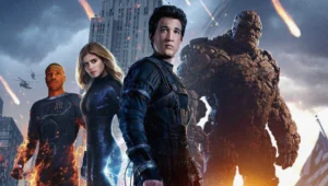 The Fantastic Four—Mr. Fantastic, Invisible Woman, Human Torch, and The Thing—standing heroically in front of a futuristic cityscape.