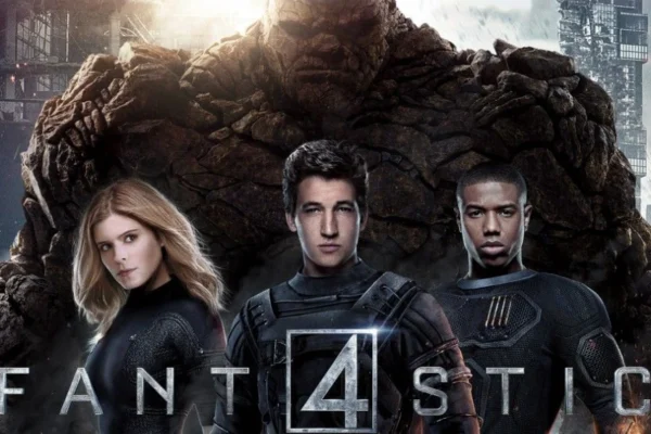 The Fantastic Four—Mr. Fantastic, Invisible Woman, Human Torch, and The Thing—standing heroically in front of a futuristic cityscape.